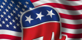 Republican Party elephant logo on American flag background.