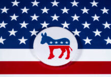 Democrat Quits After Bombshell Report Democratic Party donkey logo on American flag background.