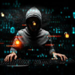 Hacker wearing a hoodie with digital codes overlaying.