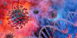 Coronavirus particles and DNA strands in a colorful background.