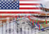 United States flag overlaid on money and financial charts