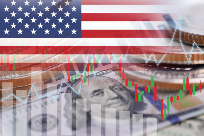 Stock,Market,Investment,Trading,Financial,,Coin,And,Usa,United,States United States flag overlaid on money and financial charts