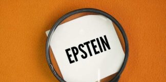 Magnifying glass over a piece of paper with the word 'EPSTEIN'