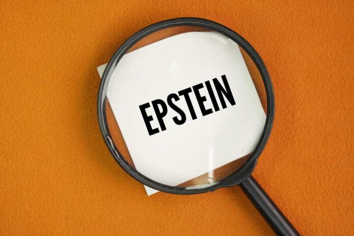 Magnifying glass over a piece of paper with the word 'EPSTEIN'